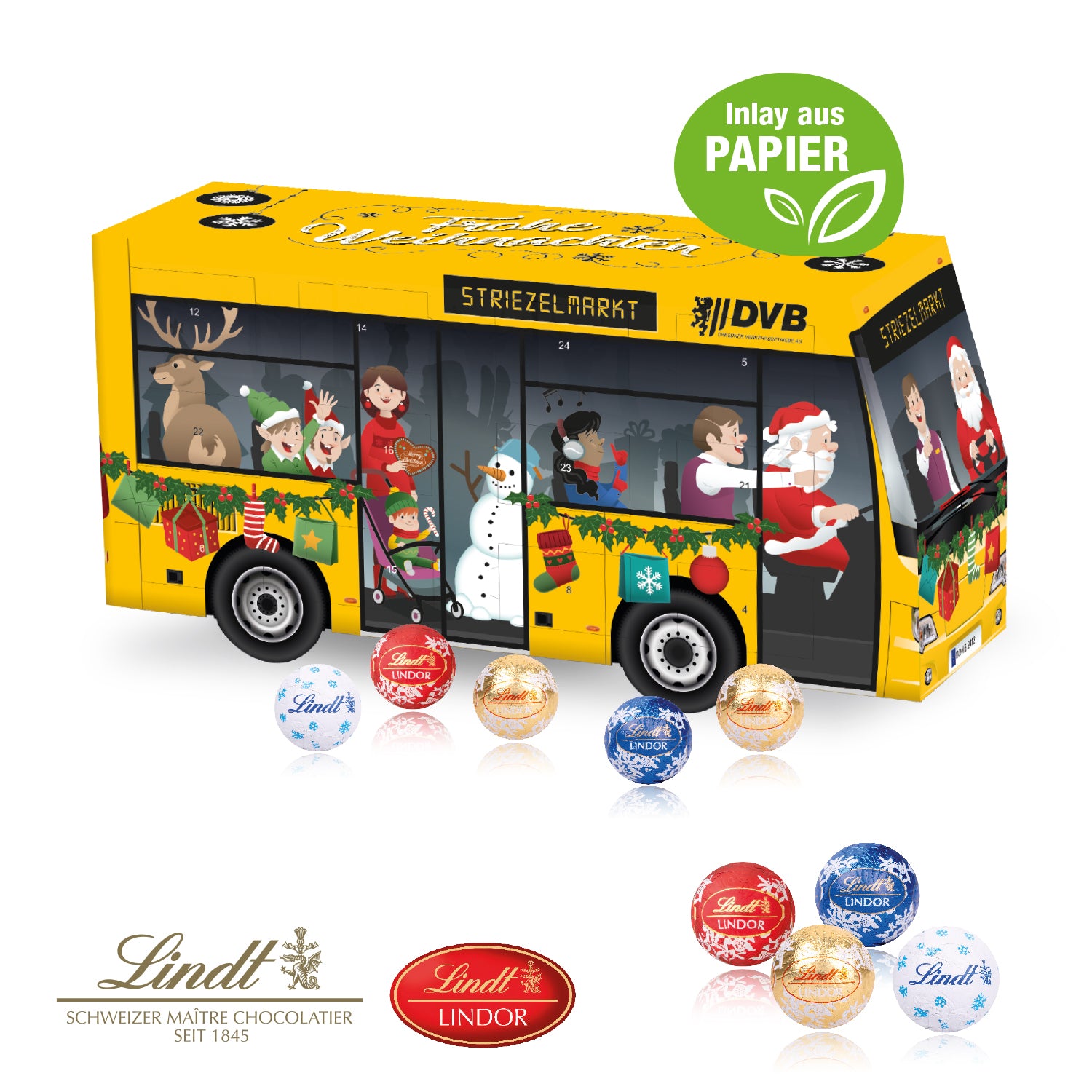 3D Adventskalender Bus mit Lindt Schokolade mit Papier-Inlay – Produktansicht