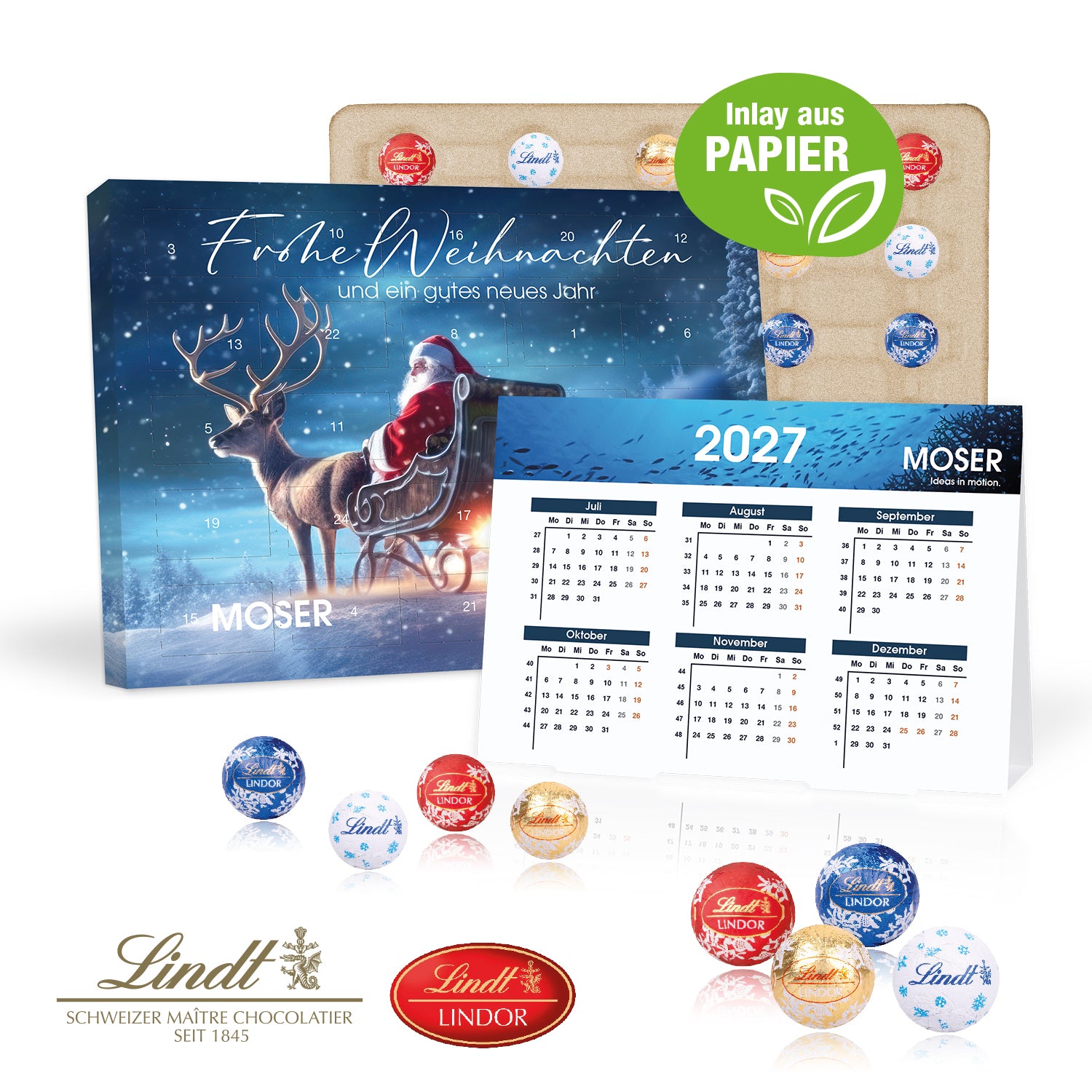 2 in 1“ Marken-Adventskalender Lindt Lindor Minis mit Jahresplaner – mit Papier-Inlay – Produktansicht