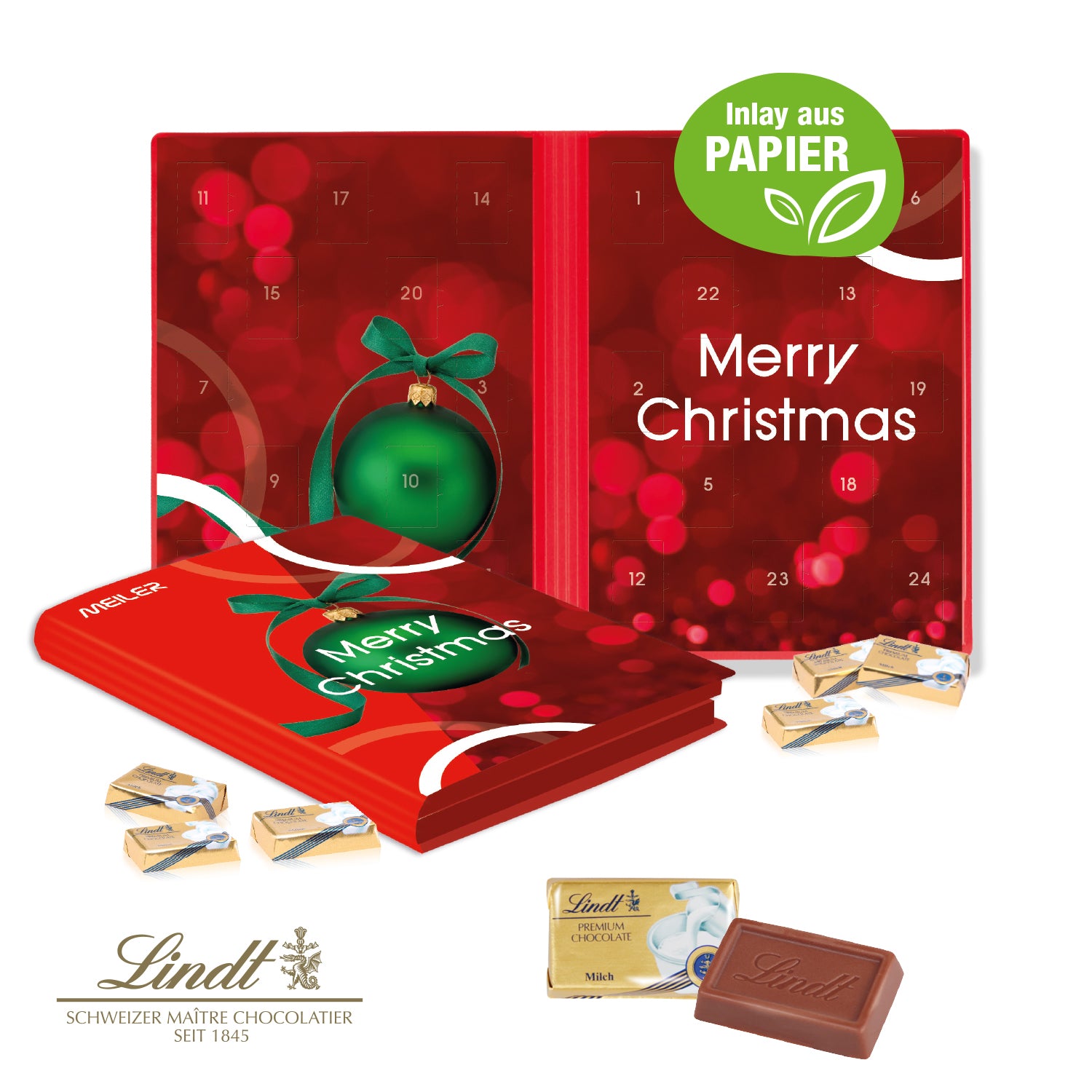 Adventskalender Weihnachtsbuch mit Lindt Schokolade – mit Papier-Inlay – Produktansicht
