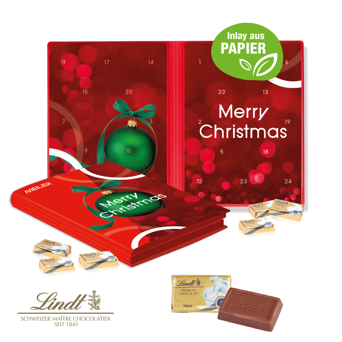 Adventskalender Weihnachtsbuch mit Lindt Schokolade – mit Papier-Inlay