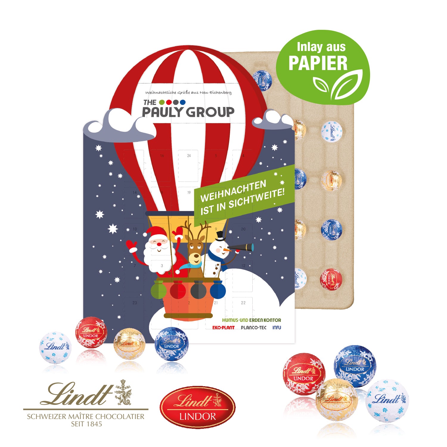 Adventskalender individuelle Kalenderform mit Lindt Schokolade – mit Papier-Inlay – Produktansicht