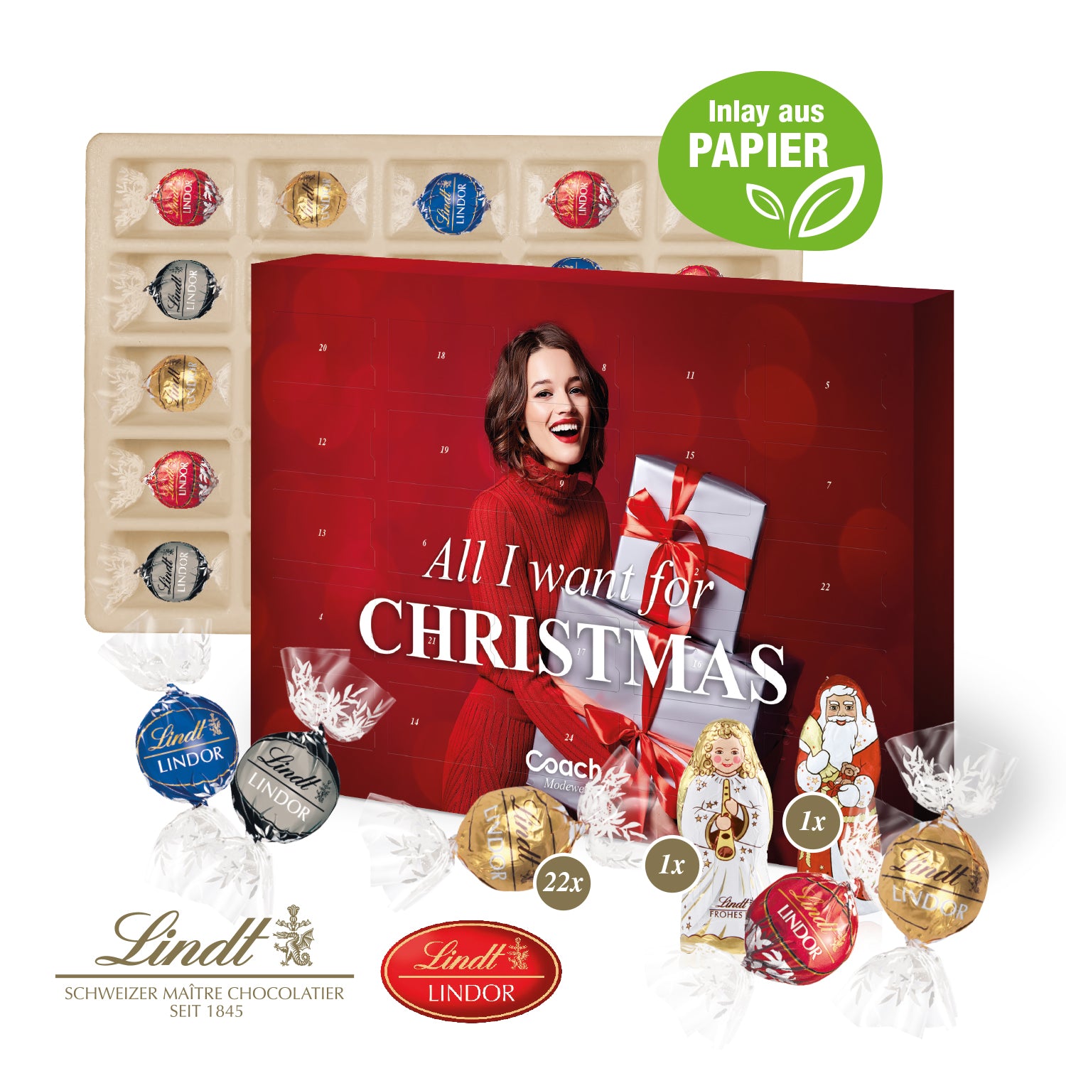 Adventskalender Lindt Lindor mit Santa & Engel – mit Papier-Inlay – Produktansicht