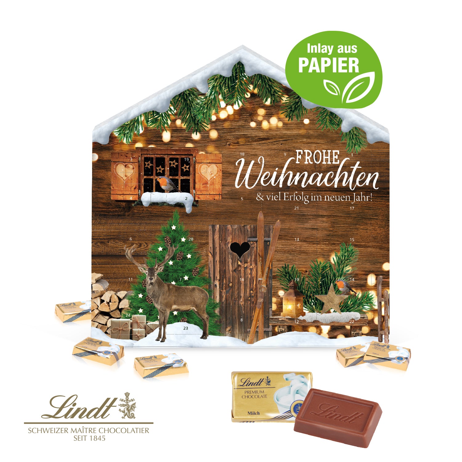 Adventskalender Weihnachtshaus Exklusiv mit Lindt Schokolade – mit Papier-Inlay – Produktansicht