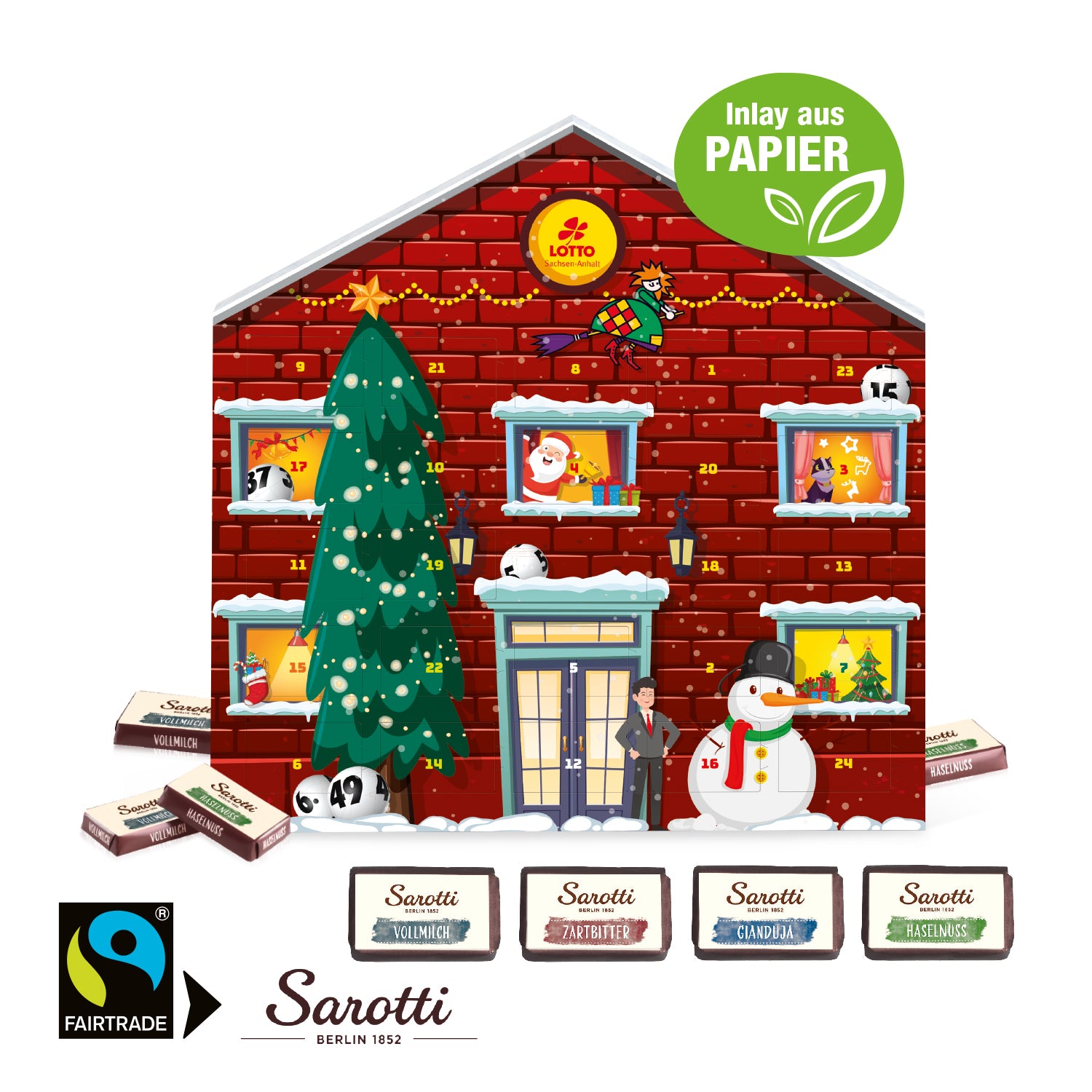 Adventskalender Weihnachtshaus Exklusiv mit Sarotti Fairtrade® Schokolade – mit Papier-Inlay – Produktansicht