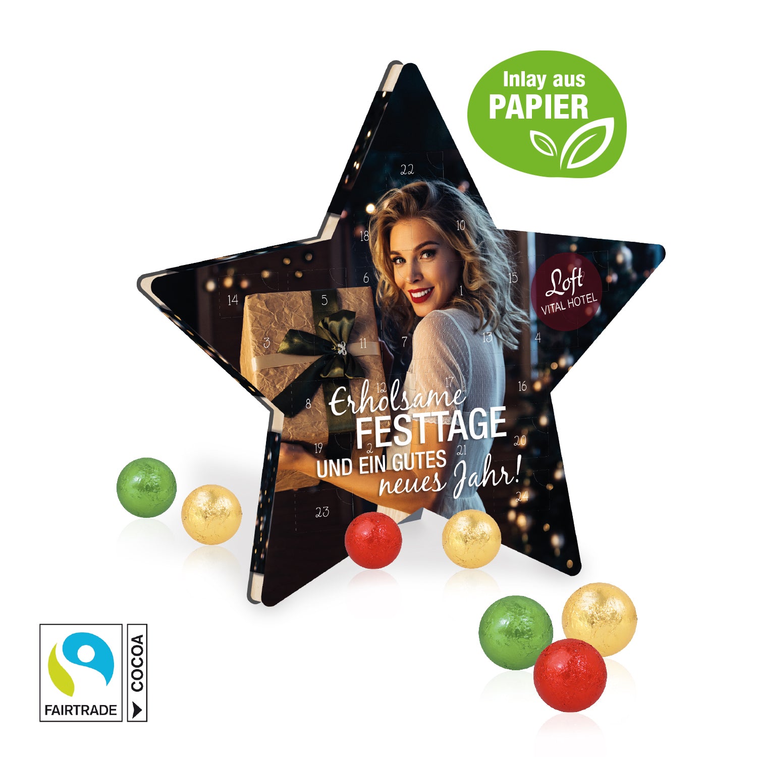 Adventskalender Stern mit Fairtrade® Schokolade – mit Papier-Inlay – Produktansicht