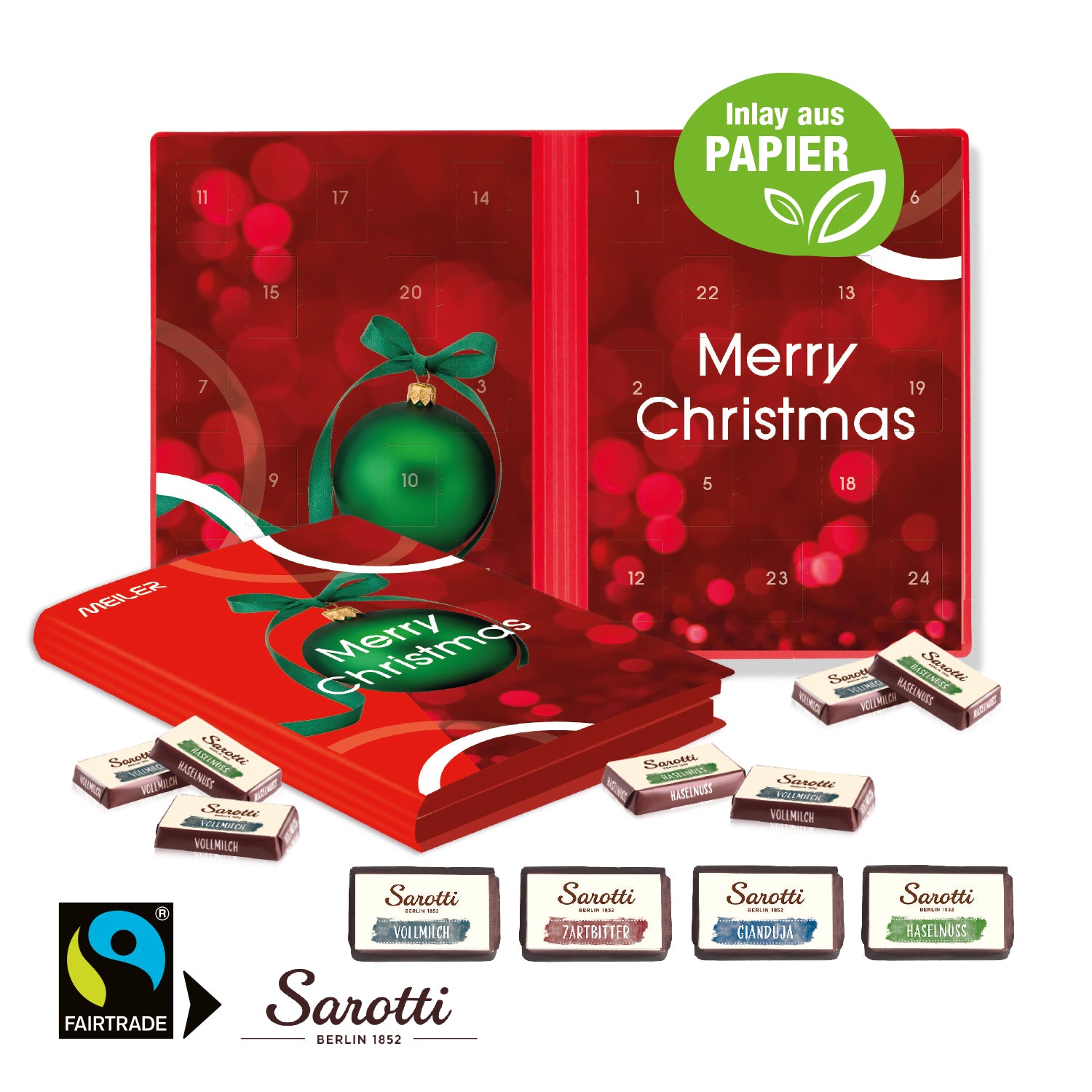 Adventskalender Weihnachtsbuch mit Sarotti Fairtrade® Schokolade – mit Papier-Inlay – Produktansicht