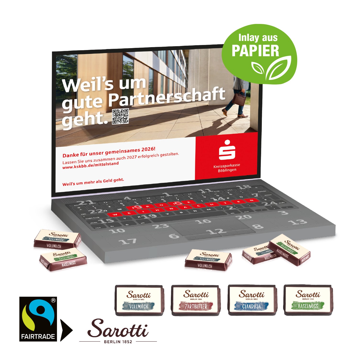 Adventskalender Laptop mit Sarotti Fairtrade® Schokolade – mit Papier-Inlay – Produktansicht
