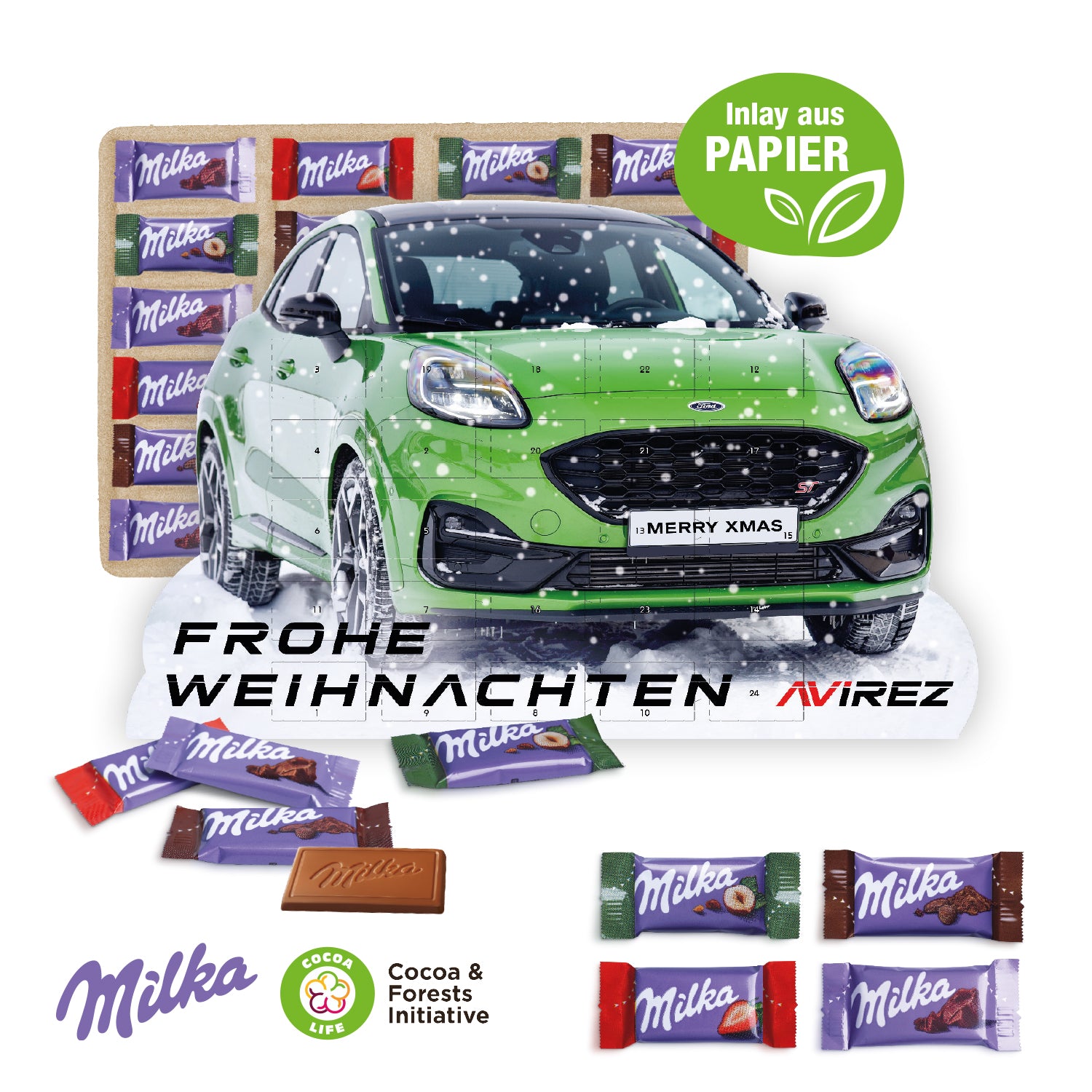 Adventskalender individuelle Kalenderform mit Milka Schokolade – mit Papier-Inlay – Produktansicht