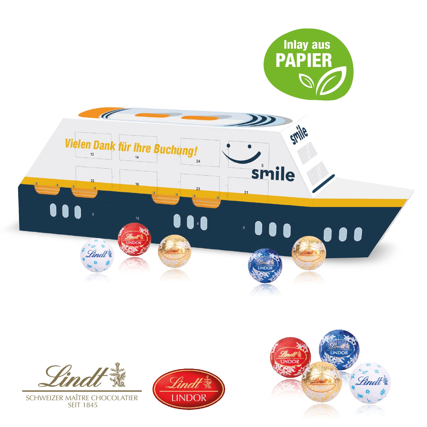 3D-Adventskalender Schiff mit Lindt Schokolade – Produktansicht