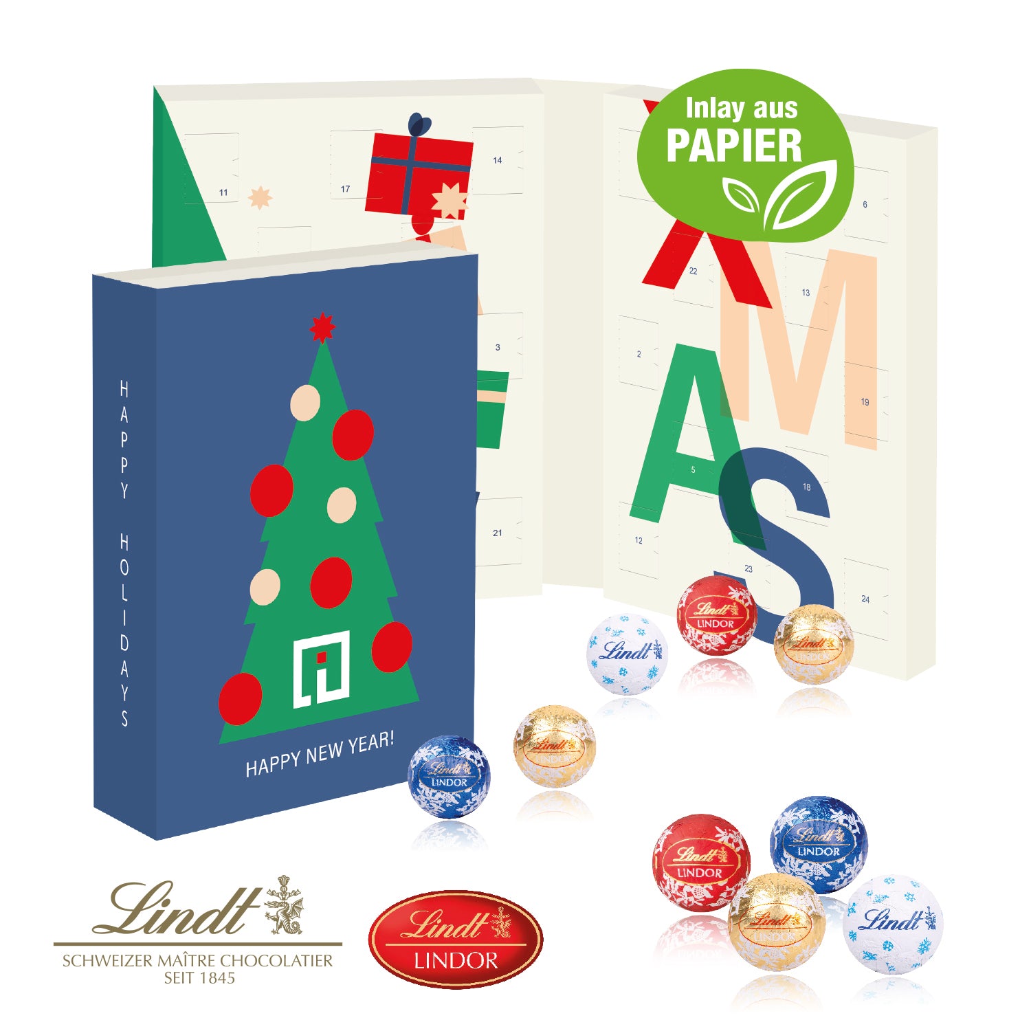 Lindt Adventskalender zum Aufklappen – mit Papier-Inlay – Produktansicht