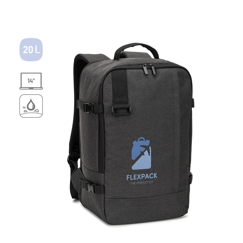 CIES. Rucksack, entwickelt um die von den Fluggesellschaften geforderten Massvorgaben zu erfüllen, aus hochdichtem, recyceltem 600D-Polyester