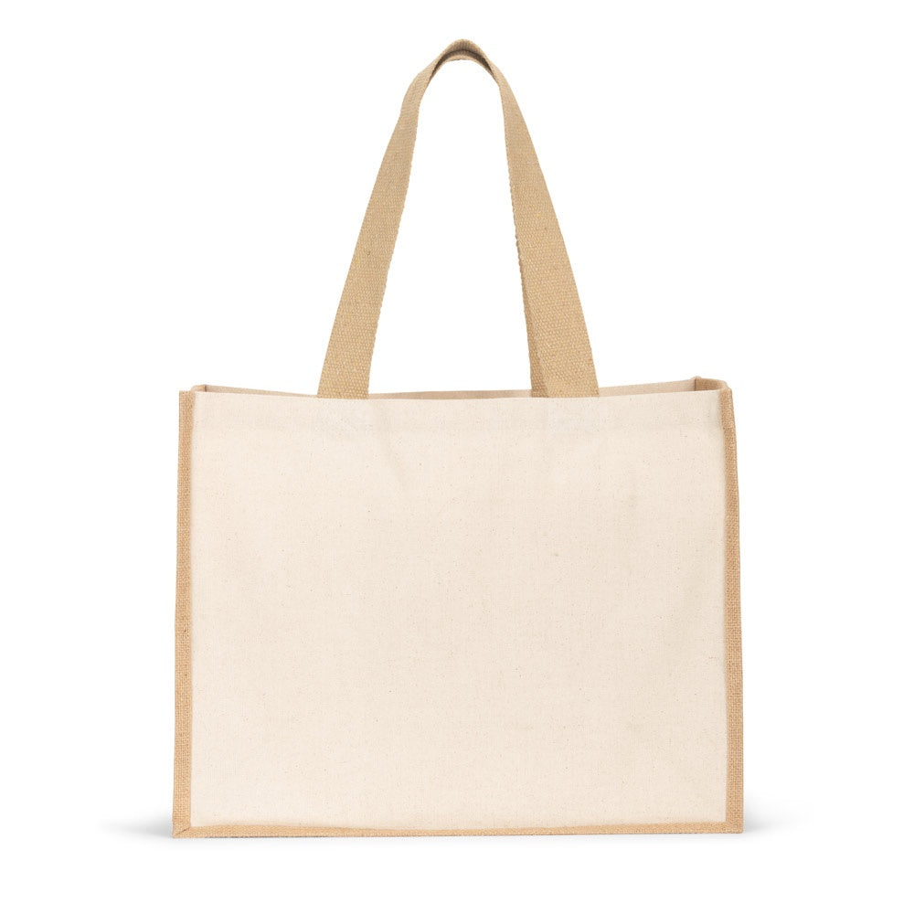 HELSINQUE. Tasche aus Canvas (320 g/m²), mit Boden und Seiten aus laminierter Jute (350 g/m²) in Naturtönen – zusätzliche Ansicht