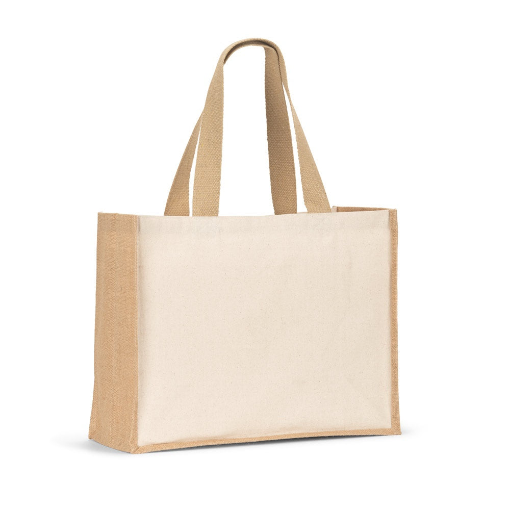 HELSINQUE. Tasche aus Canvas (320 g/m²), mit Boden und Seiten aus laminierter Jute (350 g/m²) in Naturtönen – zusätzliche Ansicht