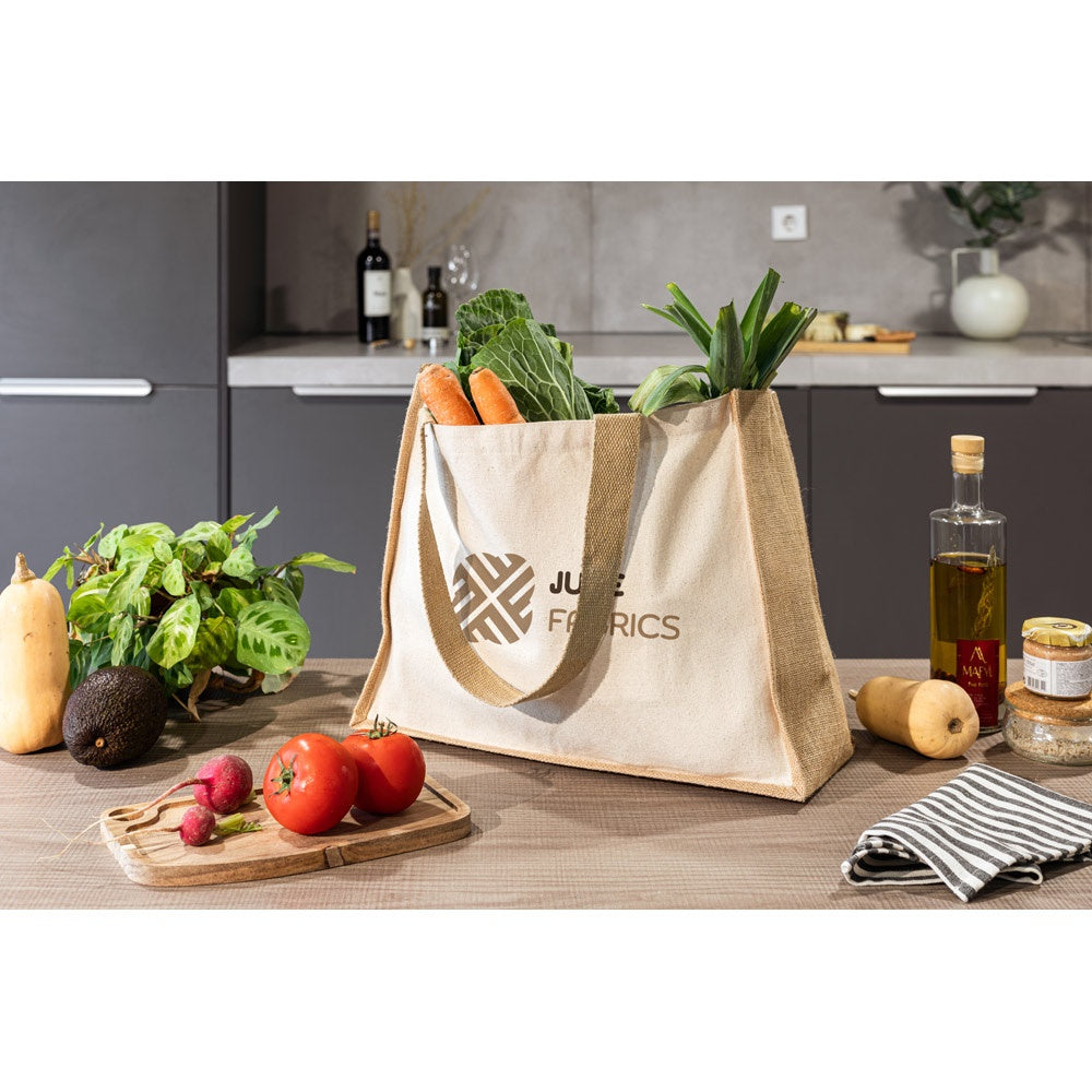 HELSINQUE. Tasche aus Canvas (320 g/m²), mit Boden und Seiten aus laminierter Jute (350 g/m²) in Naturtönen – zusätzliche Ansicht