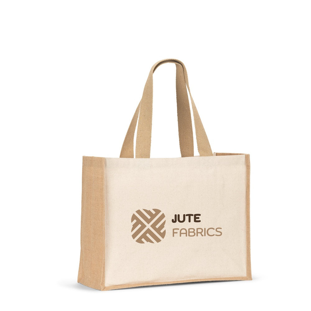 HELSINQUE. Tasche aus Canvas (320 g/m²), mit Boden und Seiten aus laminierter Jute (350 g/m²) in Naturtönen