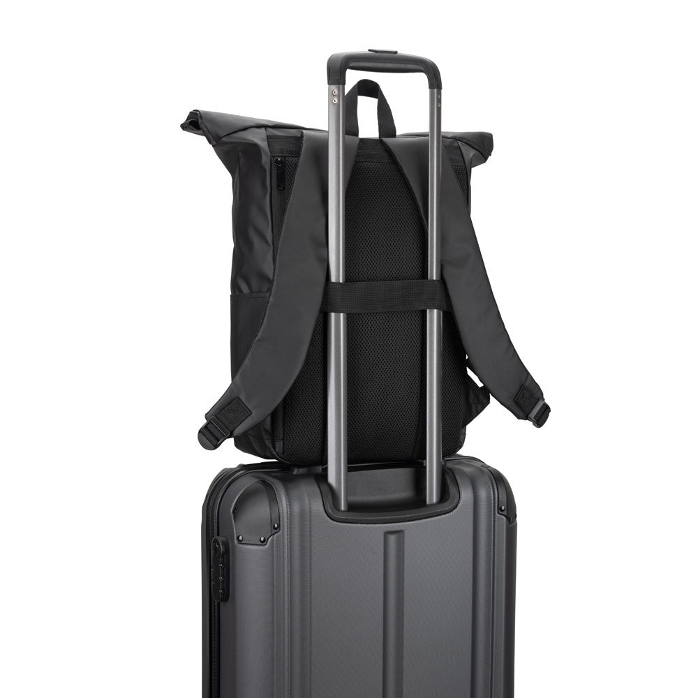 OSASCO BPACK. Rolltop-Rucksack mit Reissverschlusssystem, bei dem das Oberteil aufgerollt werden kann, um es an das Volumen des Rucksacks anzupassen. Hergestellt aus recyceltem 600D-Polyester – zusätzliche Ansicht