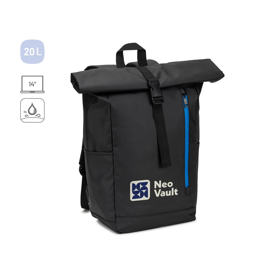 OSASCO BPACK. Rolltop-Rucksack mit Reissverschlusssystem, bei dem das Oberteil aufgerollt werden kann, um es an das Volumen des Rucksacks anzupassen. Hergestellt aus recyceltem 600D-Polyester
