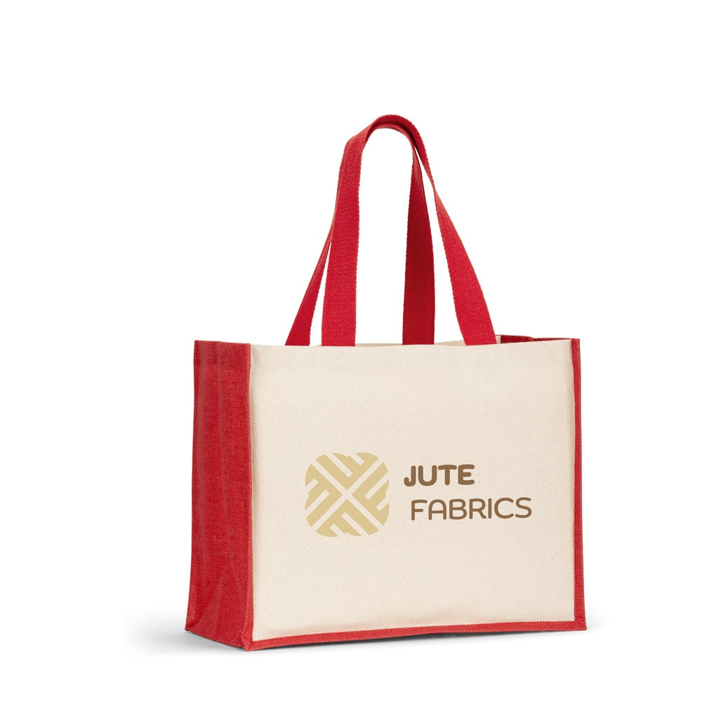 HELSINQUE COLOUR. Tasche aus Canvas (320 g/m²), mit Boden und Seiten aus farbig laminierter Jute (350 g/m²)