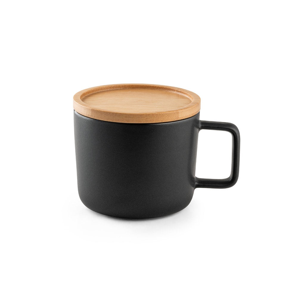 FANGIO. Tasse aus Keramik 220ml mit Deckel aus Bambus, der als Untersetzer dient – zusätzliche Ansicht