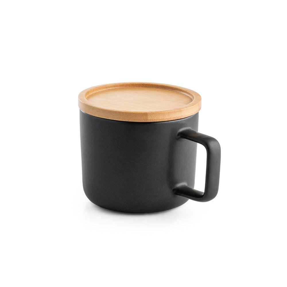 FANGIO. Tasse aus Keramik 220ml mit Deckel aus Bambus, der als Untersetzer dient – zusätzliche Ansicht