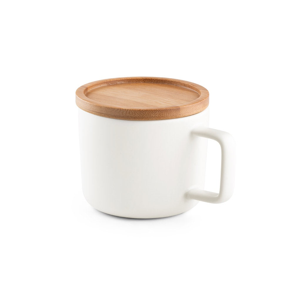 FANGIO. Tasse aus Keramik 220ml mit Deckel aus Bambus, der als Untersetzer dient