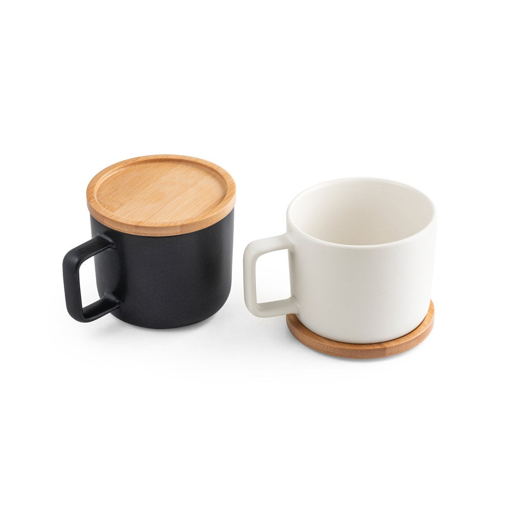 FANGIO. Tasse aus Keramik 220ml mit Deckel aus Bambus, der als Untersetzer dient – zusätzliche Ansicht