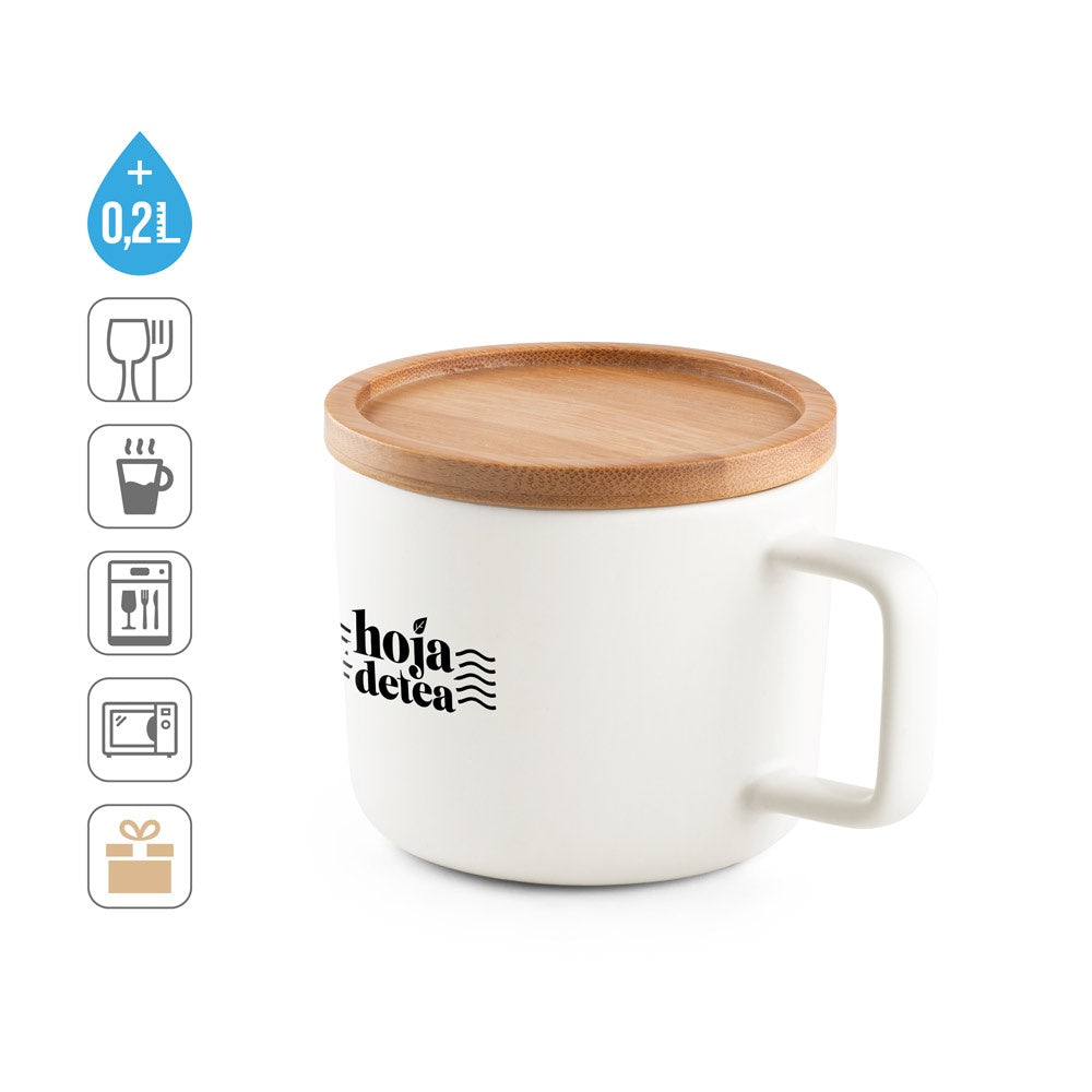 FANGIO. Tasse aus Keramik 220ml mit Deckel aus Bambus, der als Untersetzer dient