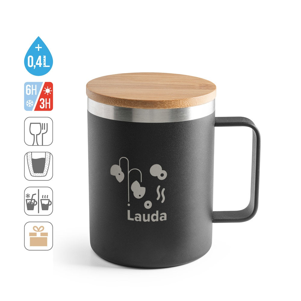 LAUDA. Becher aus 90% recyceltem Edelstahl mit Bambusdeckel 420 mL