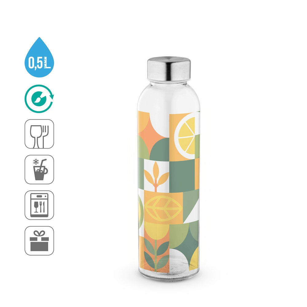SOLER. Glasflasche sublimations und Edelstahlverschluss 500 ml