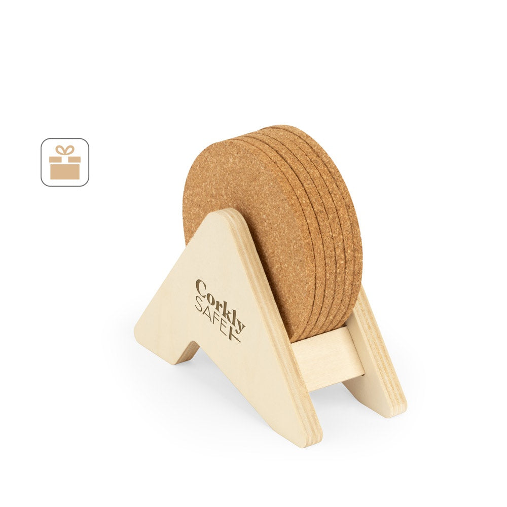 PLYCORK. Sperrholzständer mit 6 Korkuntersetzern