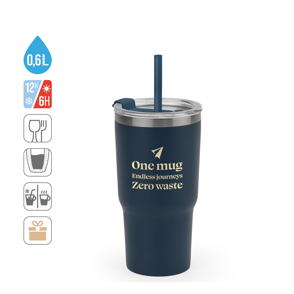 JOYNER M. Kompakter Reisebecher aus Edelstahl (91 % recycelt) mit vakuumisolierter Doppelwand und matter Oberfläche 600 ml