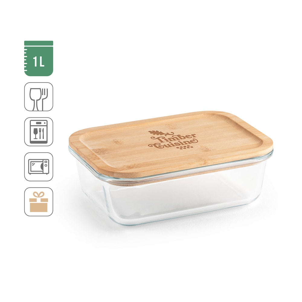 PORTOBELLO. Lunchbox. Hermetische Dose aus Borosilikatglas und Bambusdeckel 1000 mL