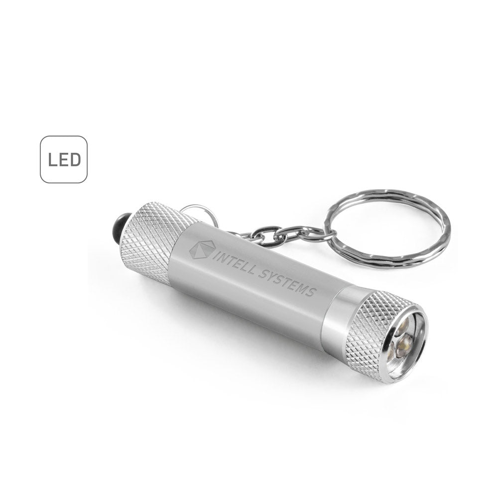 RE-LERGAN. Schlüsselanhänger aus Aluminium (92% recycelt) mit 3-Licht-LED-Taschenlampe