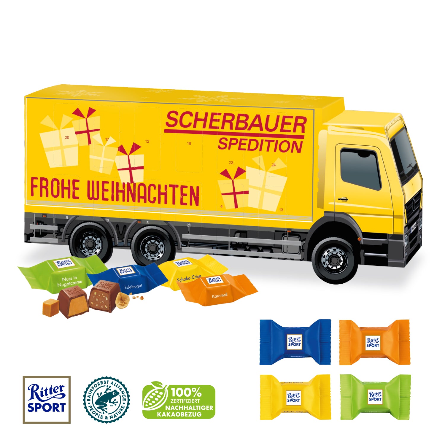 3D Adventskalender LKW mit Ritter SPORT Schokowürfeln – Produktansicht