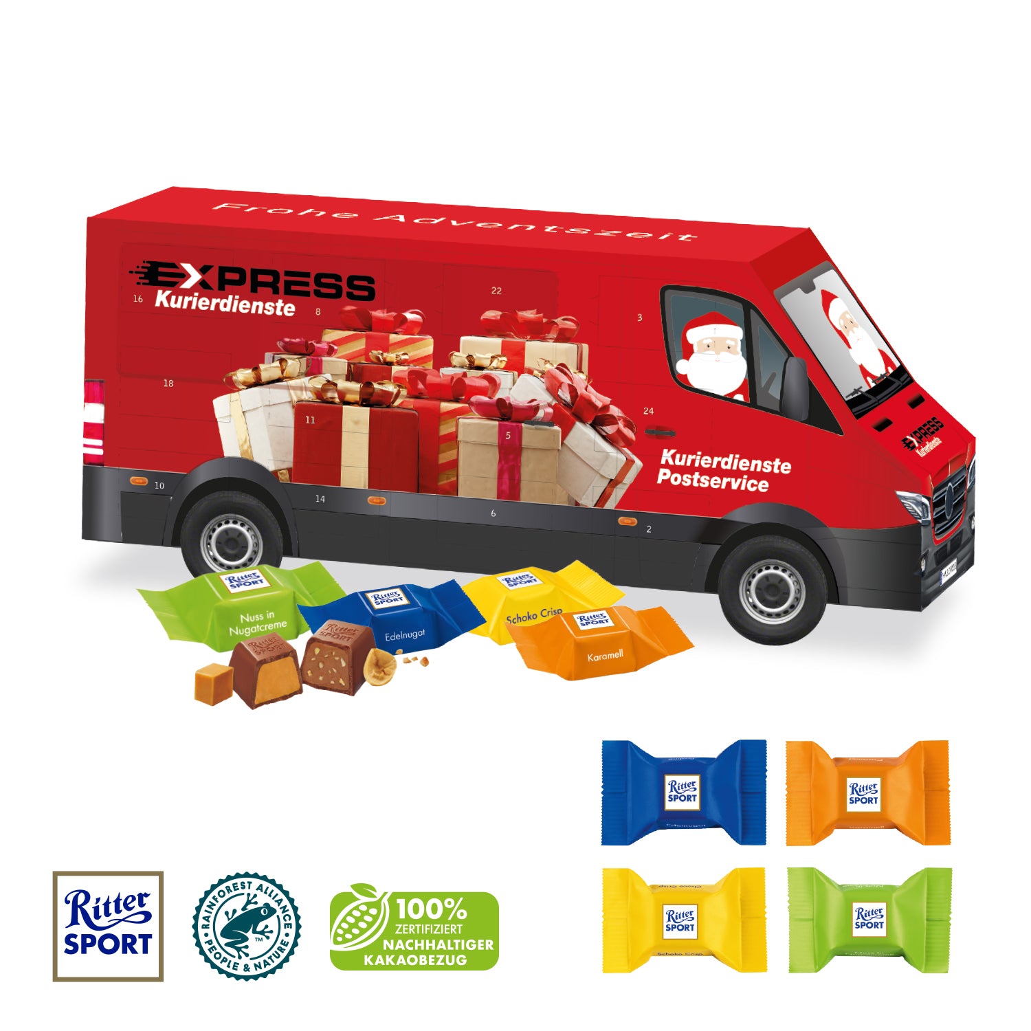 3D Adventskalender Transporter mit Ritter SPORT Schokowürfeln – Produktansicht