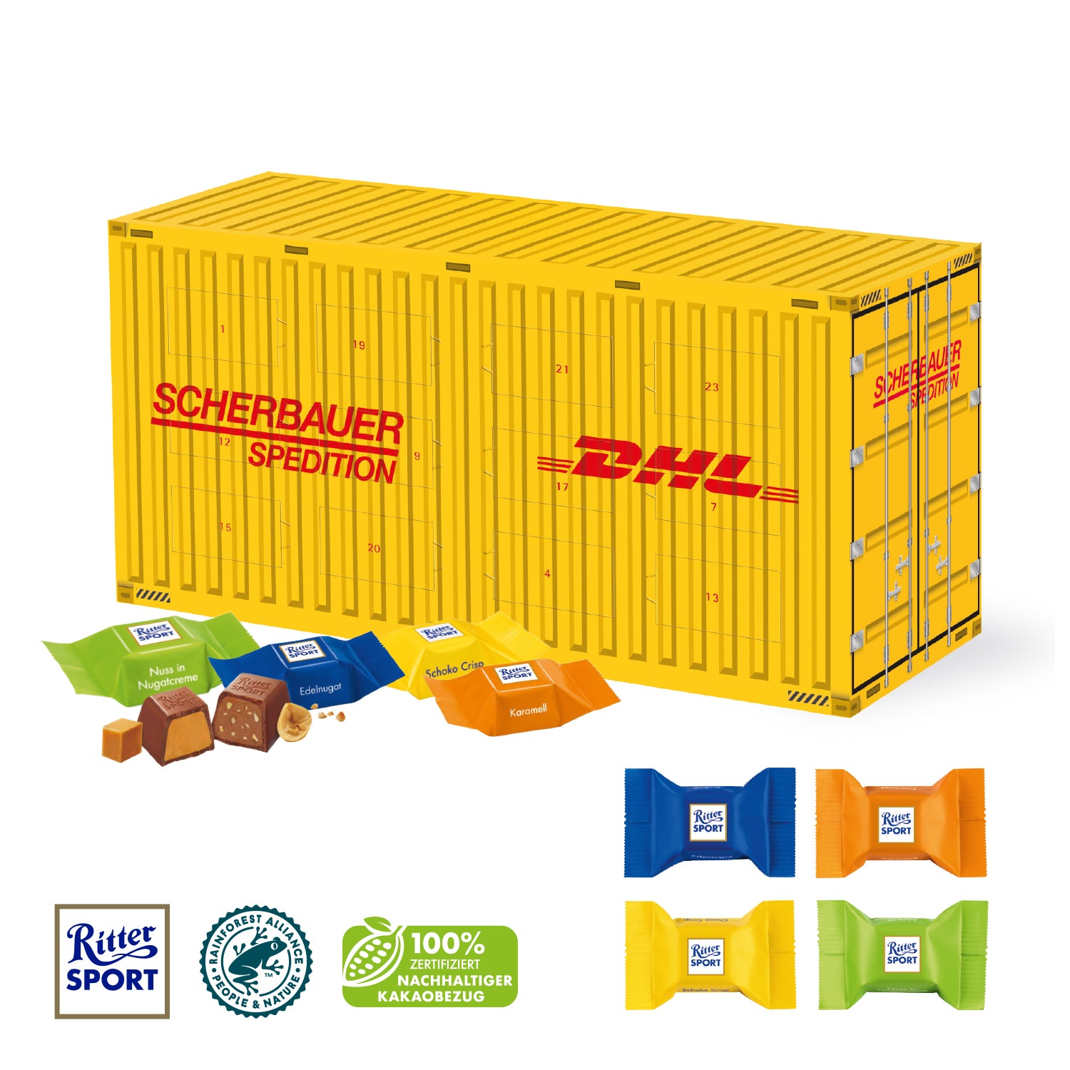 3D Adventskalender Container mit Ritter SPORT Schokowürfeln – Produktansicht