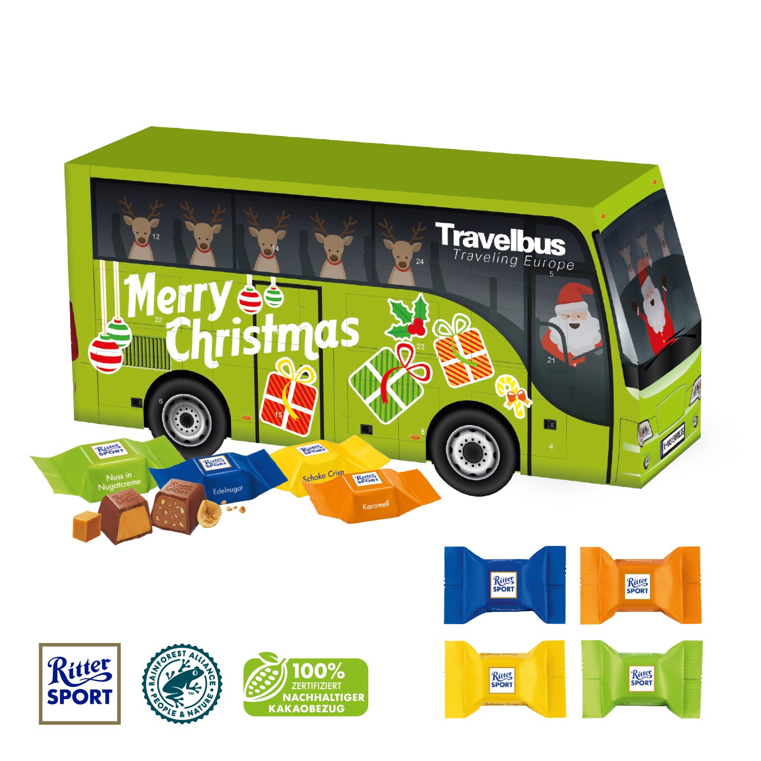 3D Adventskalender Bus mit Ritter SPORT Schokowürfeln – Produktansicht