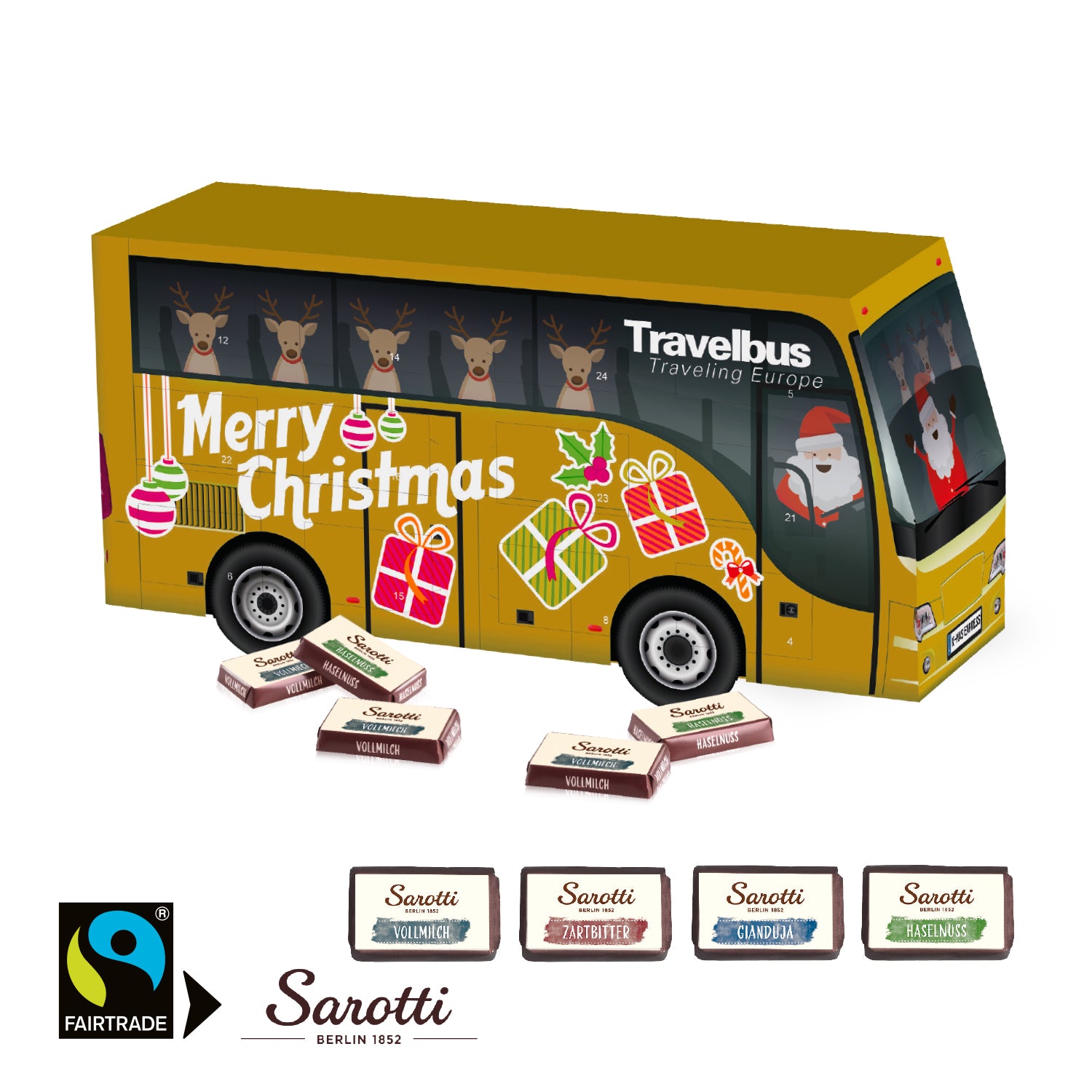 3D Adventskalender Bus mit Sarotti Fairtrade® Schokolade – Produktansicht