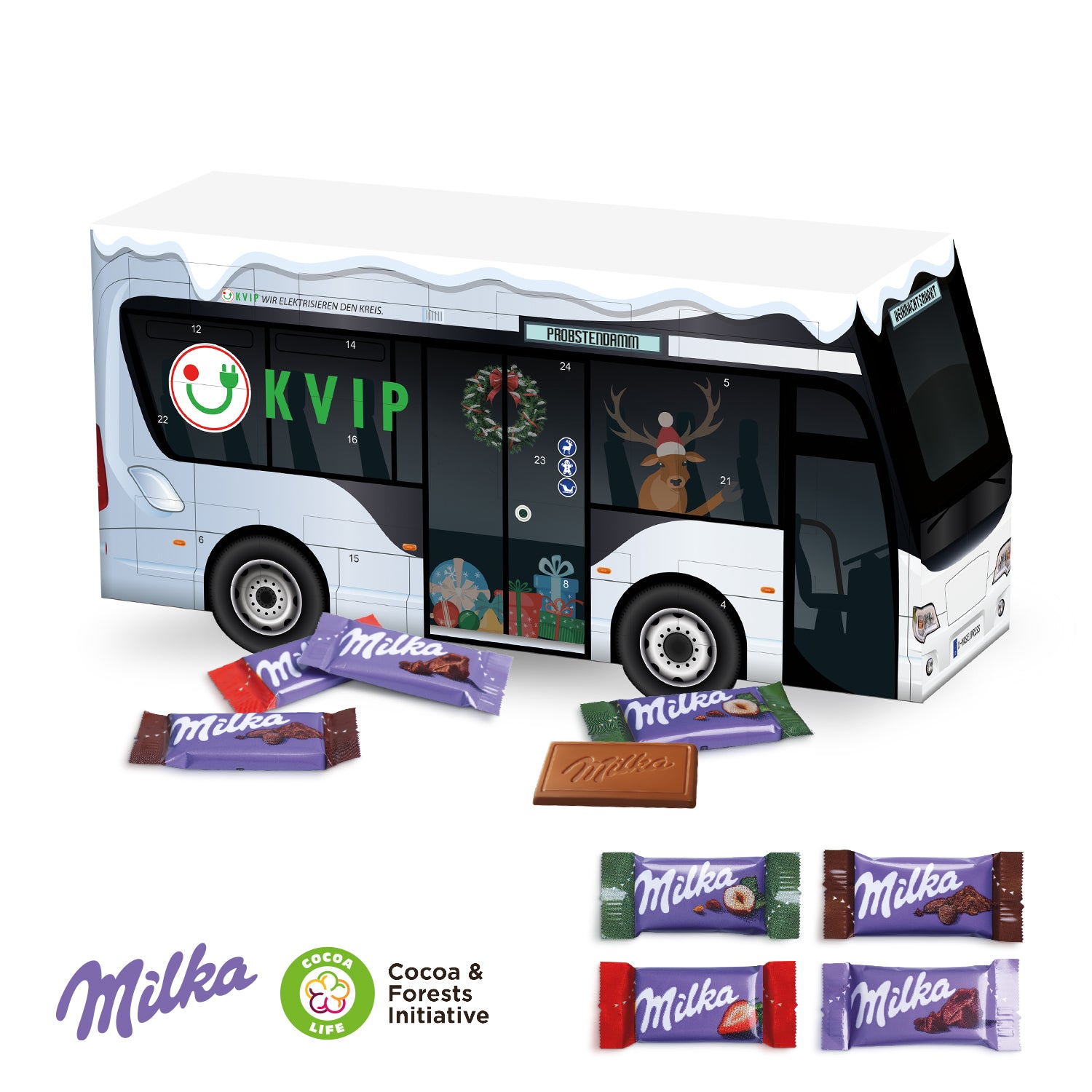 3D Adventskalender Bus mit Milka Schokolade – Produktansicht
