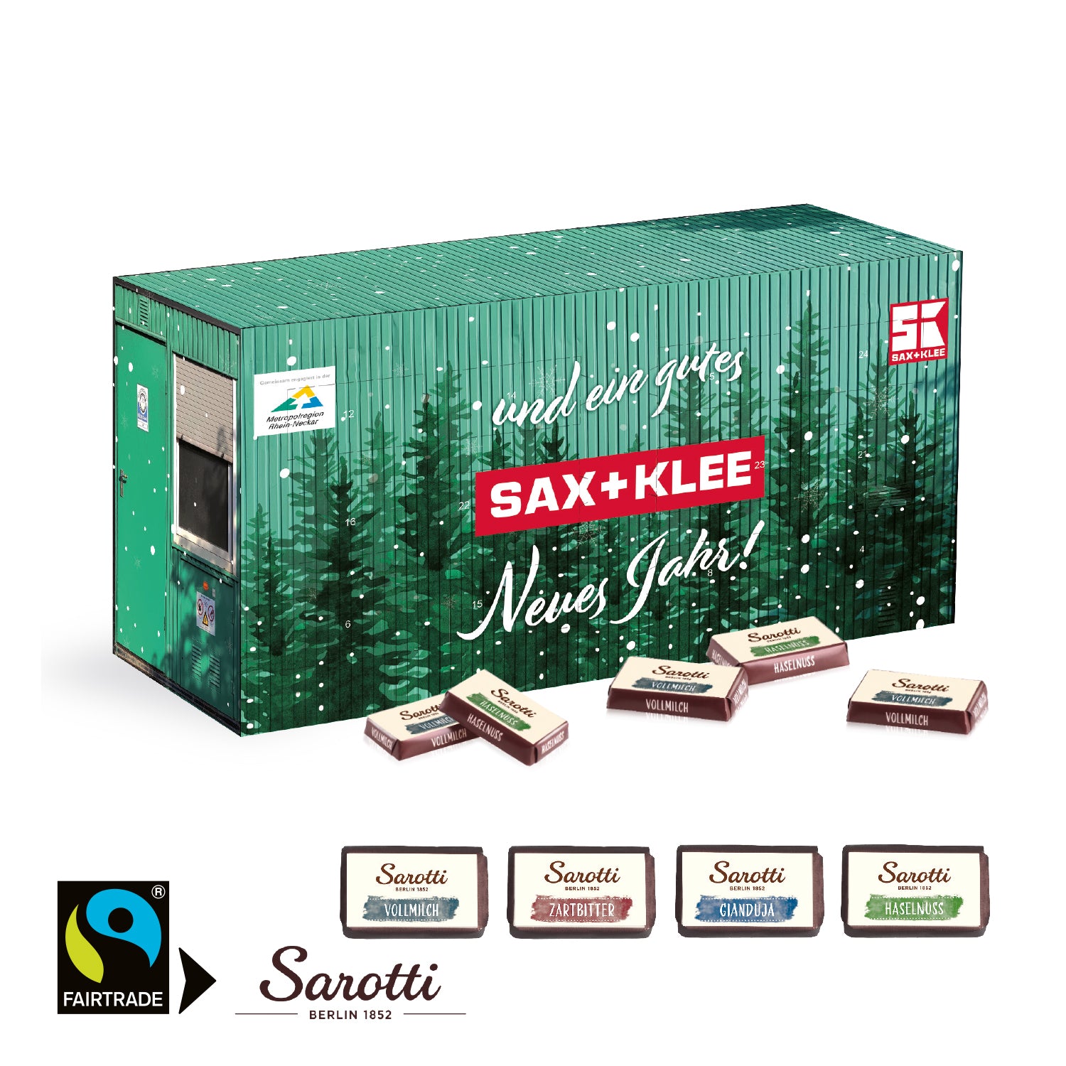 3D Adventskalender Container mit Sarotti Fairtrade® Schokolade – Produktansicht