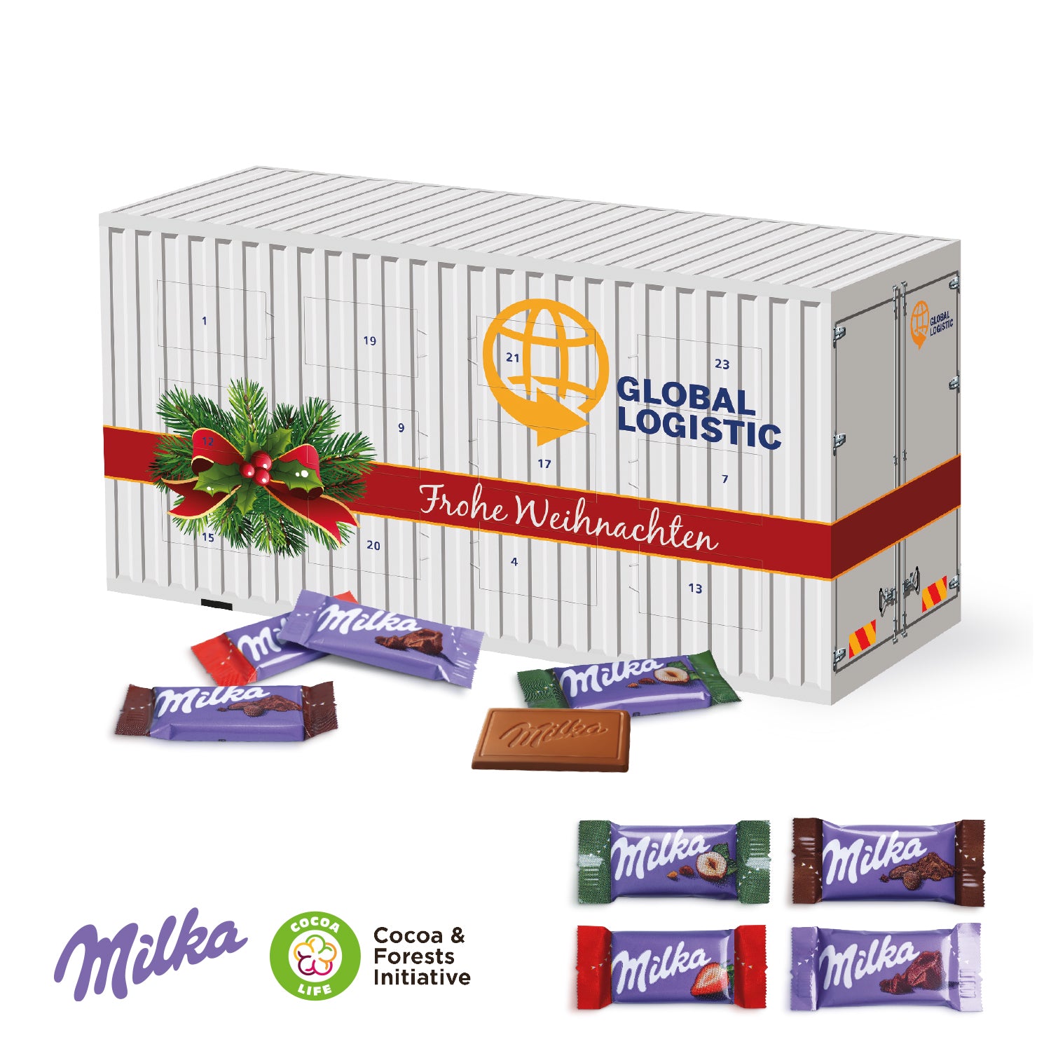 3D Adventskalender Container mit Milka Schokolade – Produktansicht