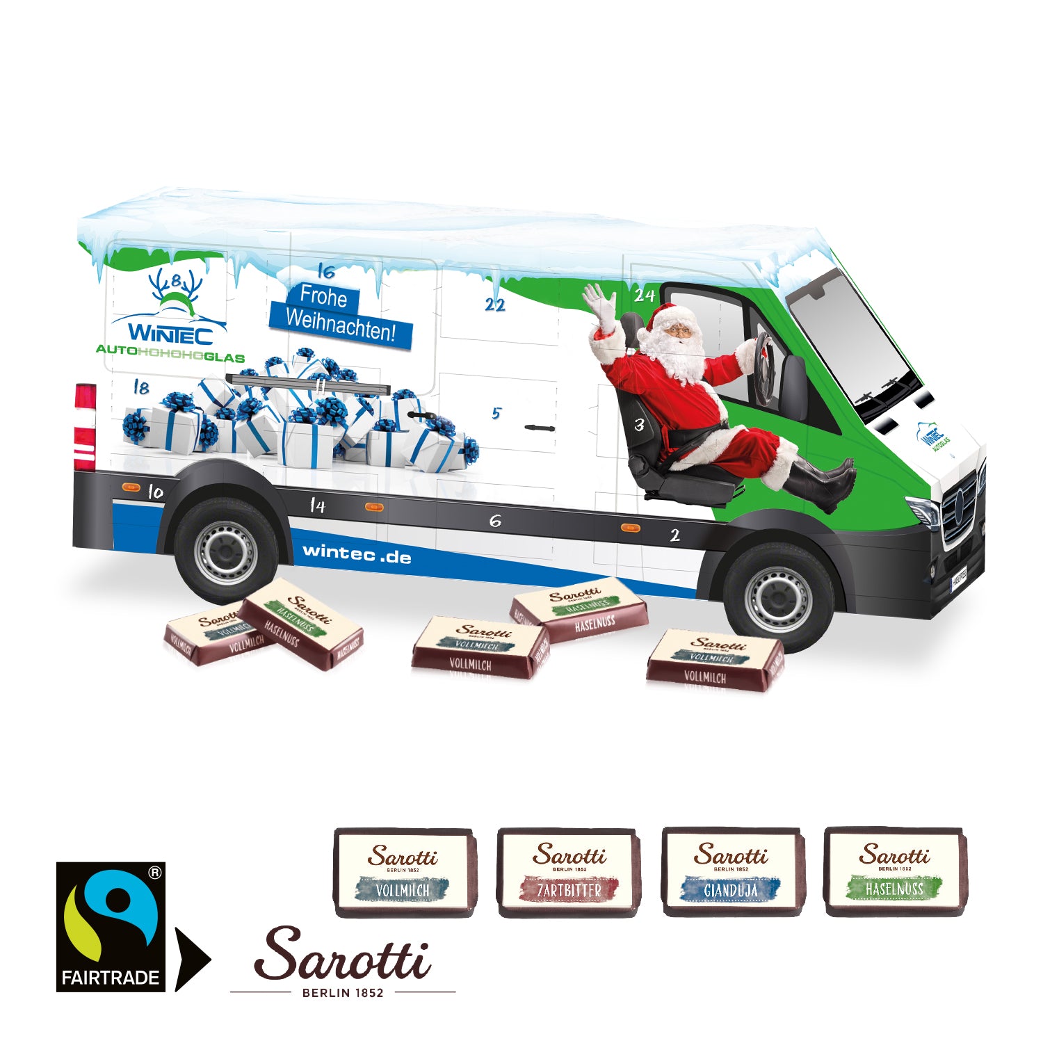 3D Adventskalender Transporter mit Sarotti Fairtrade® Schokolade – Produktansicht