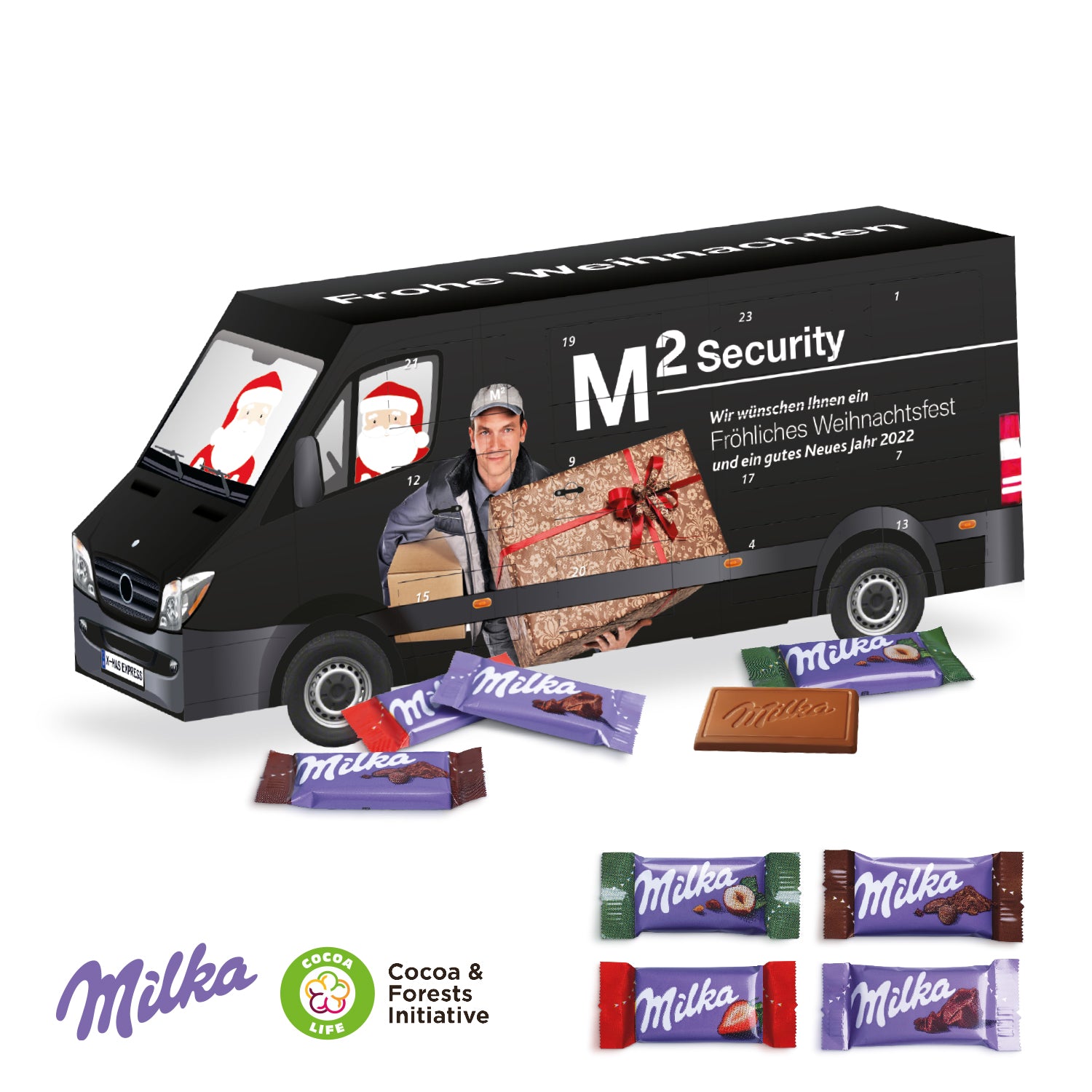 3D Adventskalender Transporter mit Milka Schokolade – Produktansicht