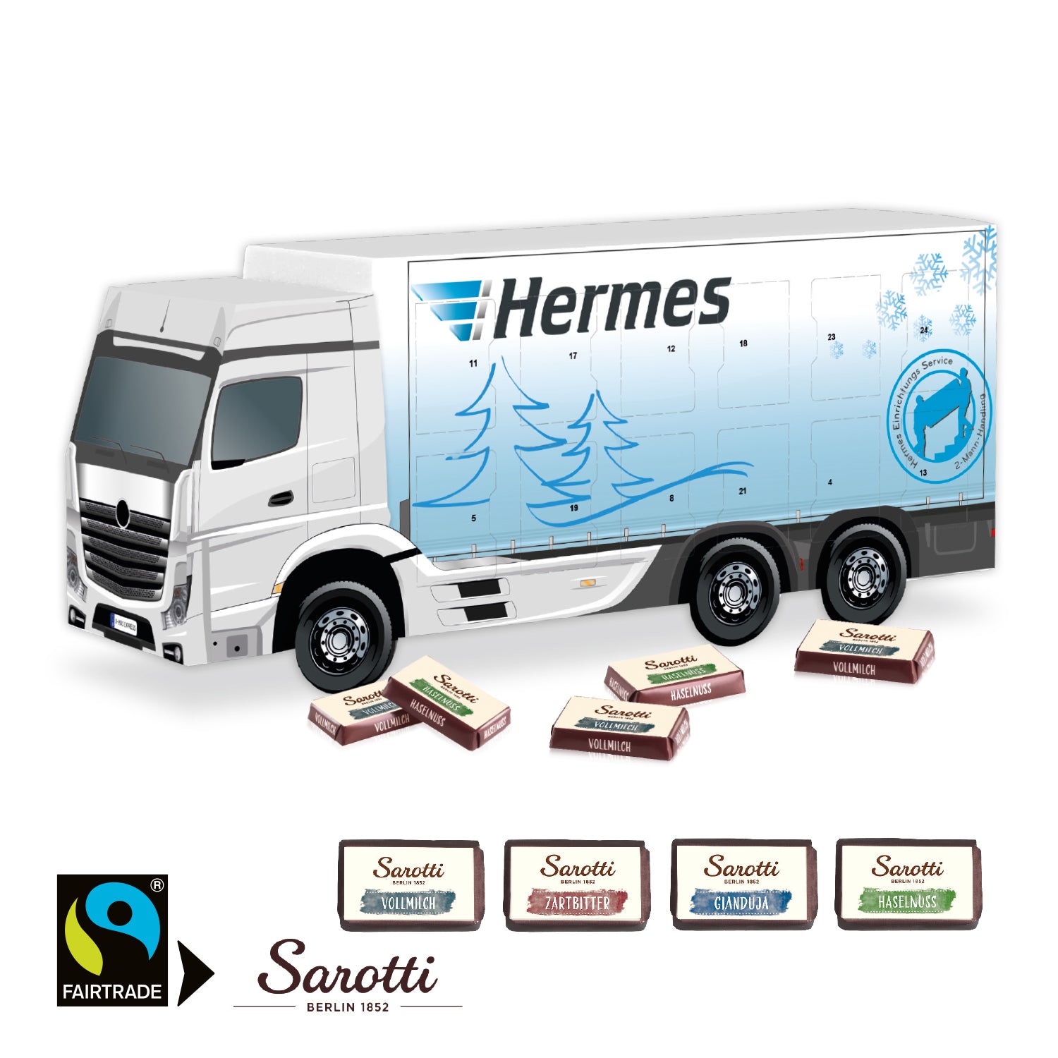 3D Adventskalender LKW mit Sarotti Fairtrade® Schokolade – Produktansicht