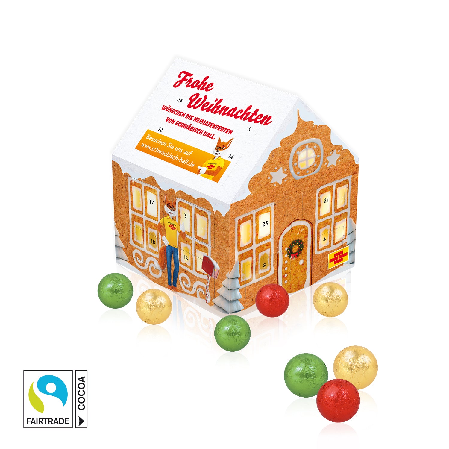 Adventskalender Weihnachtshaus Classic mit Fairtrade® Schokolade – Produktansicht