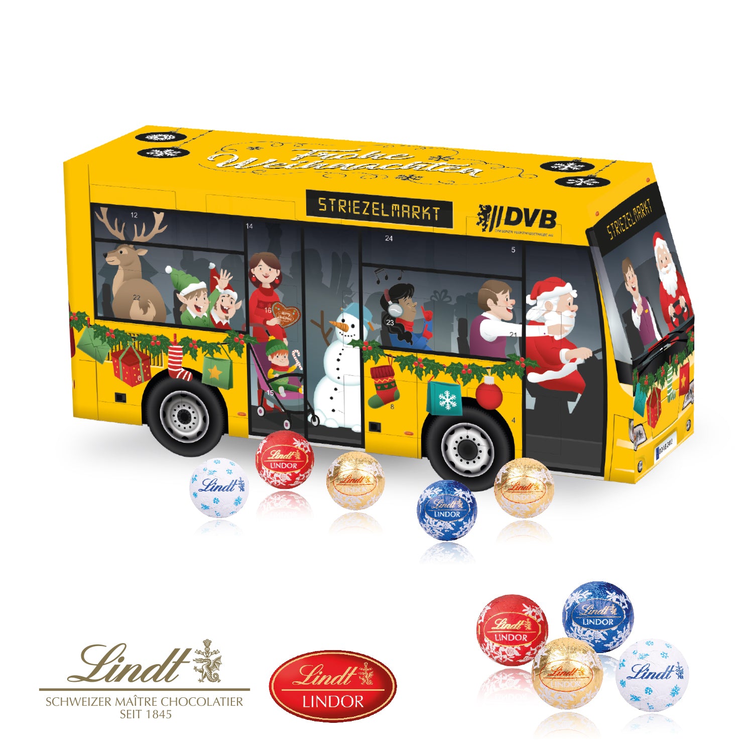 3D Adventskalender Bus mit Lindt Schokolade – Produktansicht