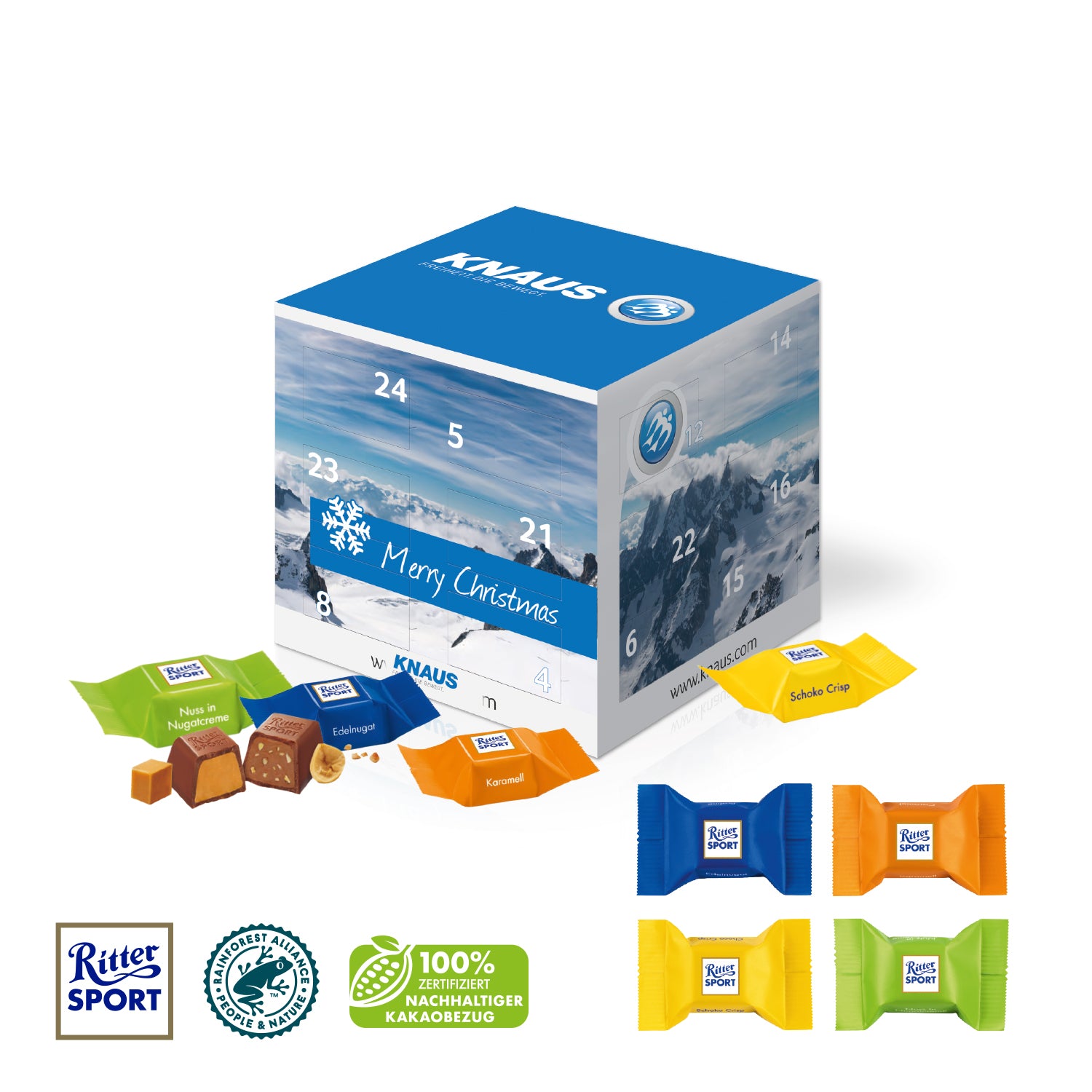 Cube-Adventskalender mit Ritter SPORT Schokowürfeln – Produktansicht