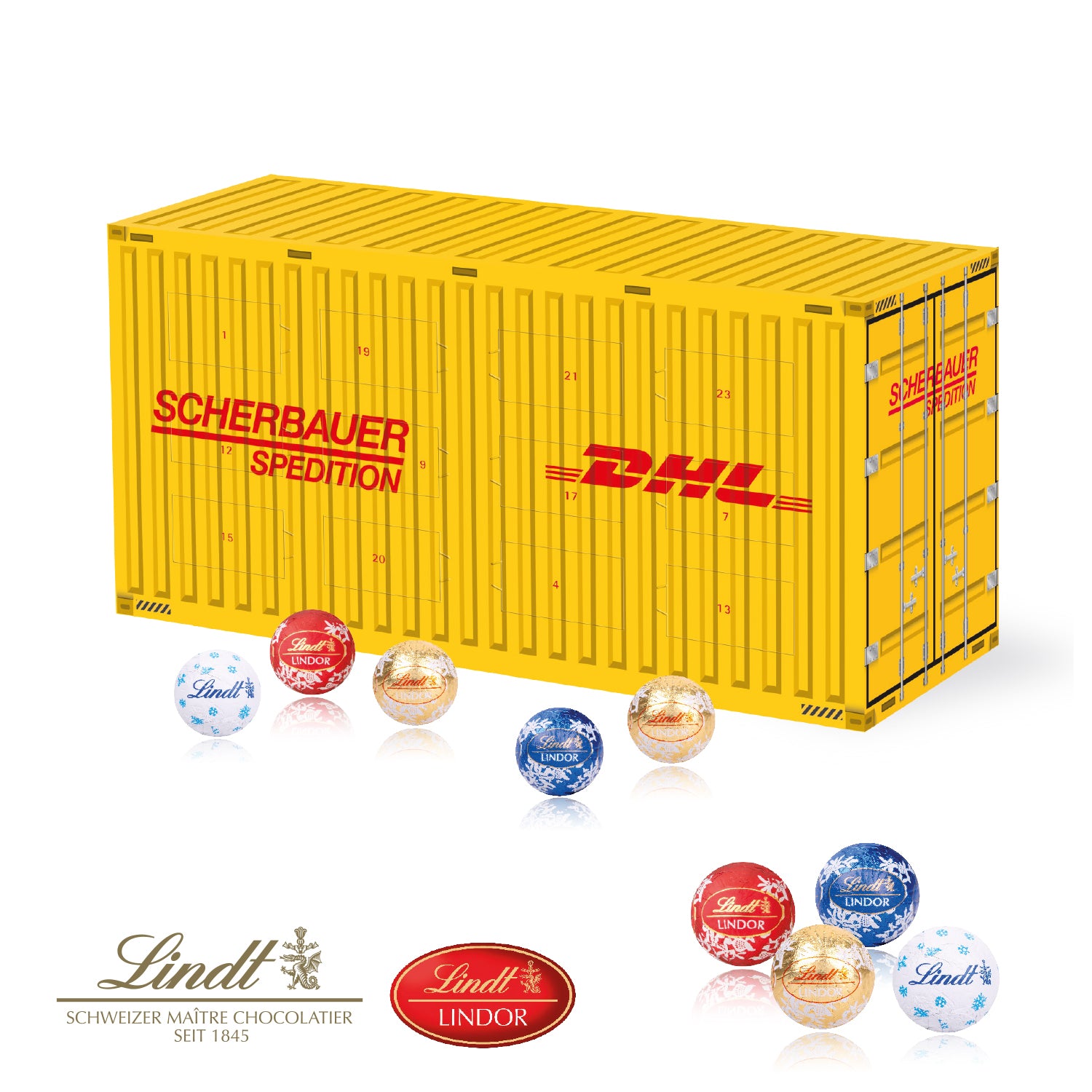 3D Adventskalender Container mit Lindt Schokolade – Produktansicht