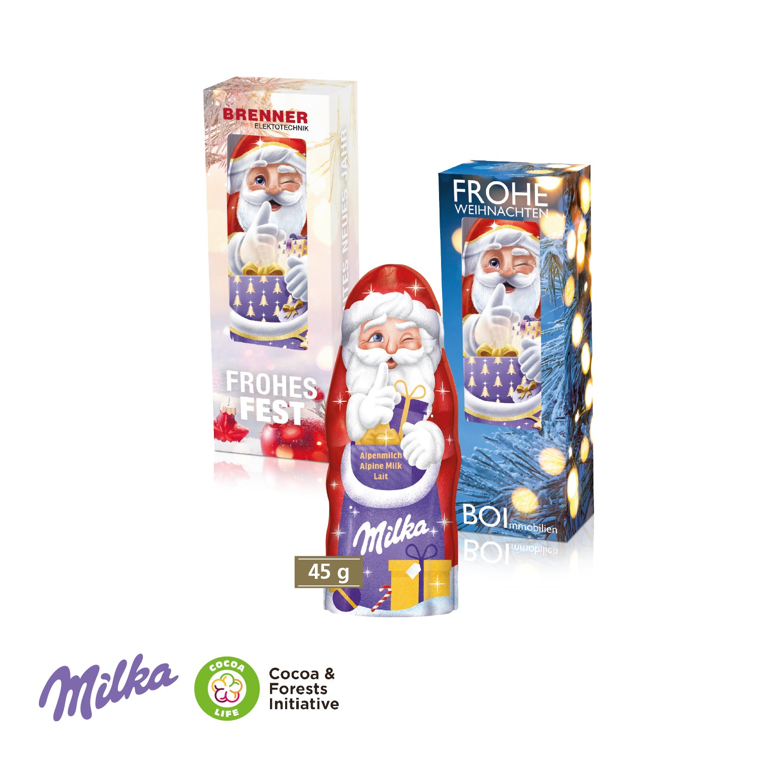 Milka Weihnachtsmann in individueller Werbeverpackung – Produktansicht