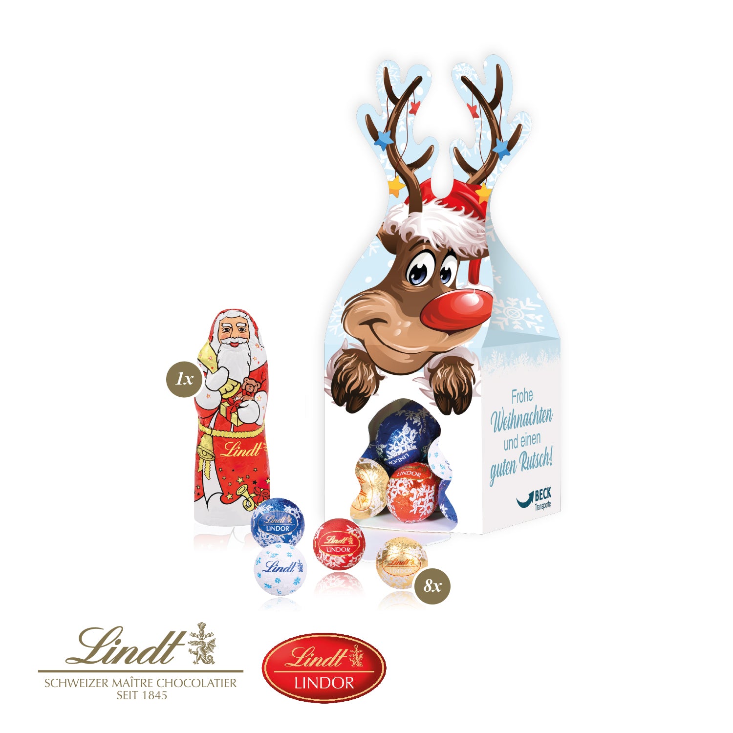 3D-Präsent Rentier mit Lindt Minis und Nikolaus – Produktansicht